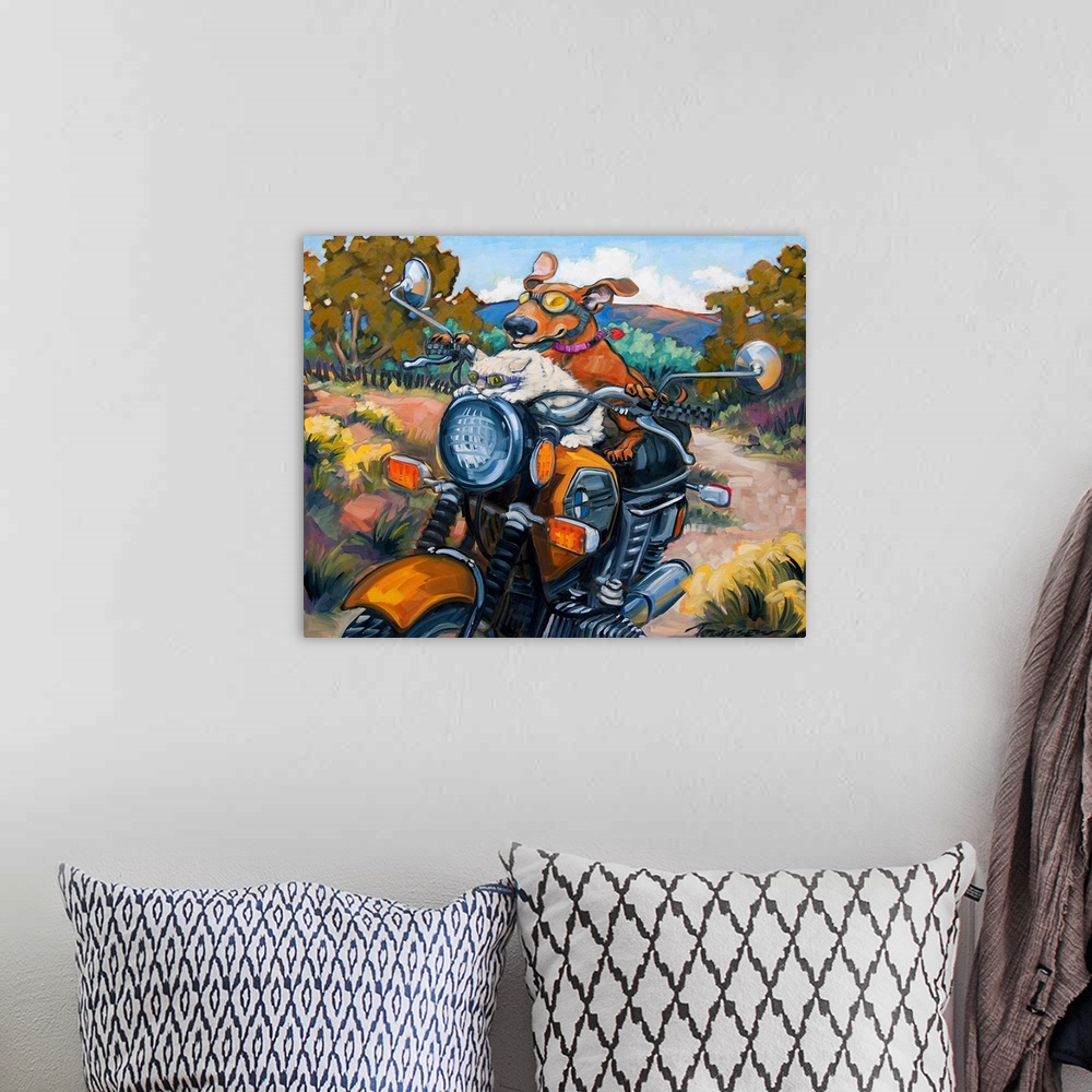 A bohemian room featuring Thick brush strokes create a humorous scene of a dog and cat riding a motorcycle.