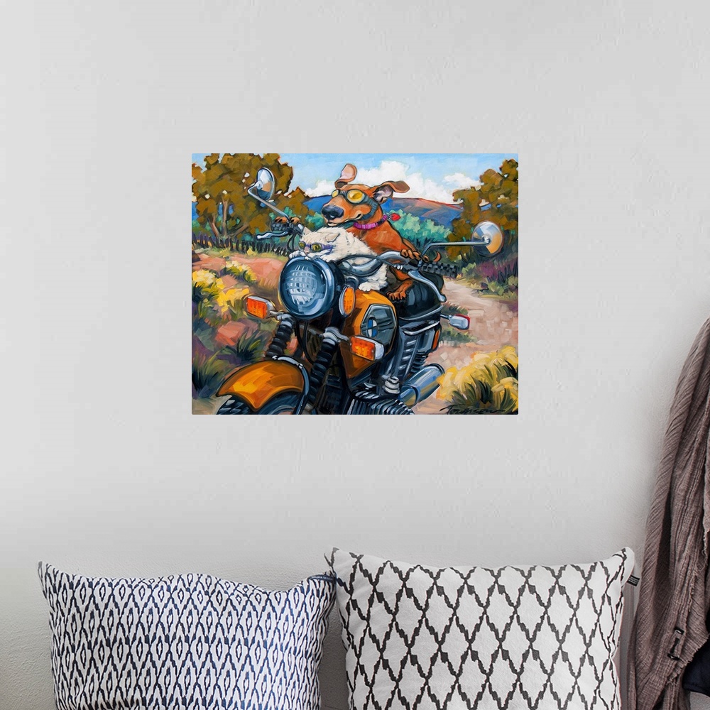 A bohemian room featuring Thick brush strokes create a humorous scene of a dog and cat riding a motorcycle.