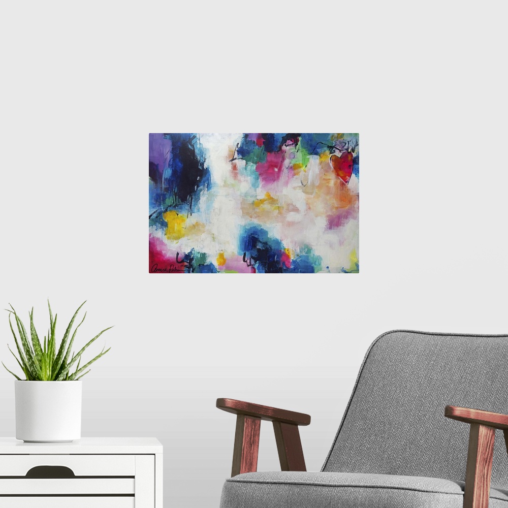 A modern room featuring A contemporary colorful abstract painting.