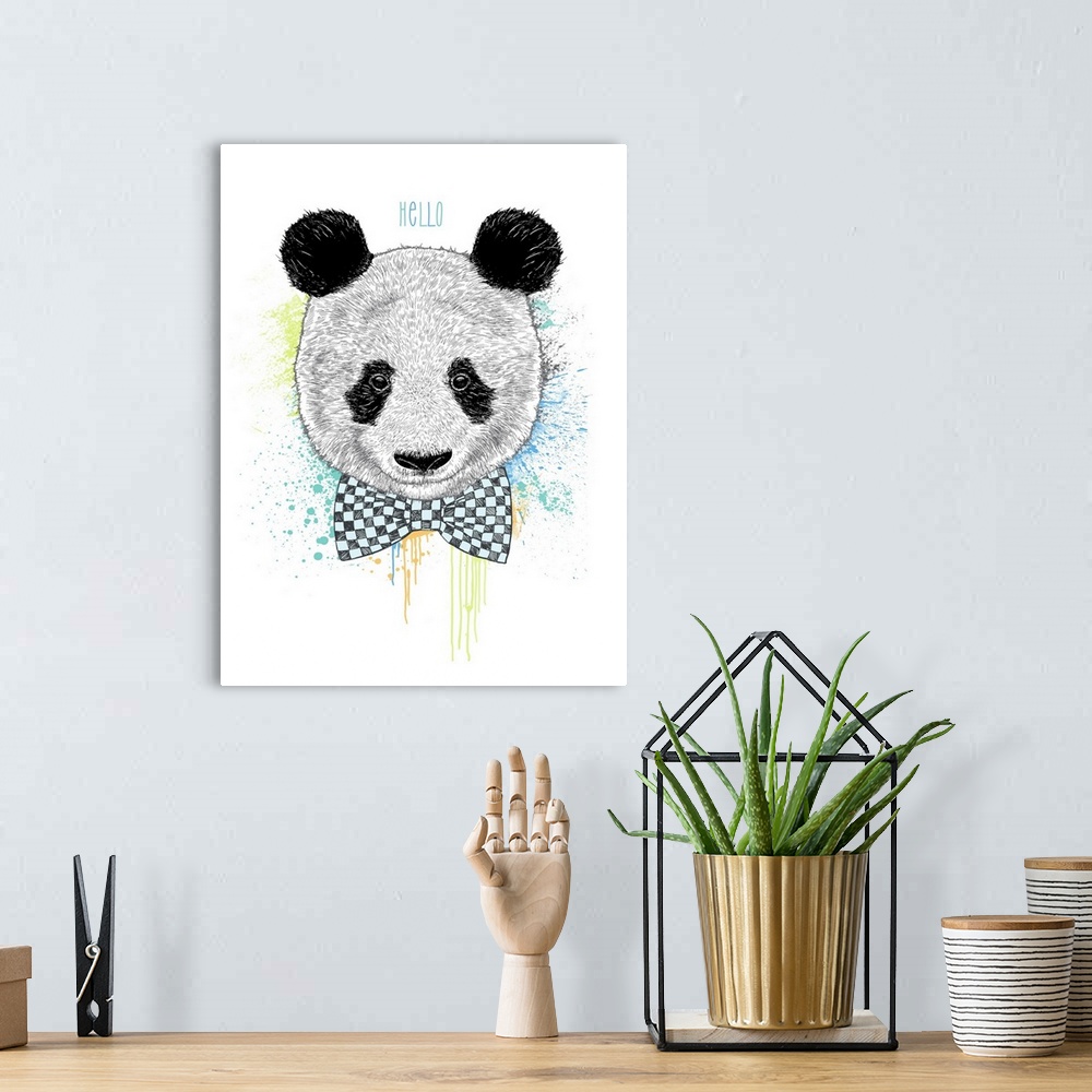 A bohemian room featuring A digital illustration of a panda with a bow tie against splashes of color and "Hello" above.