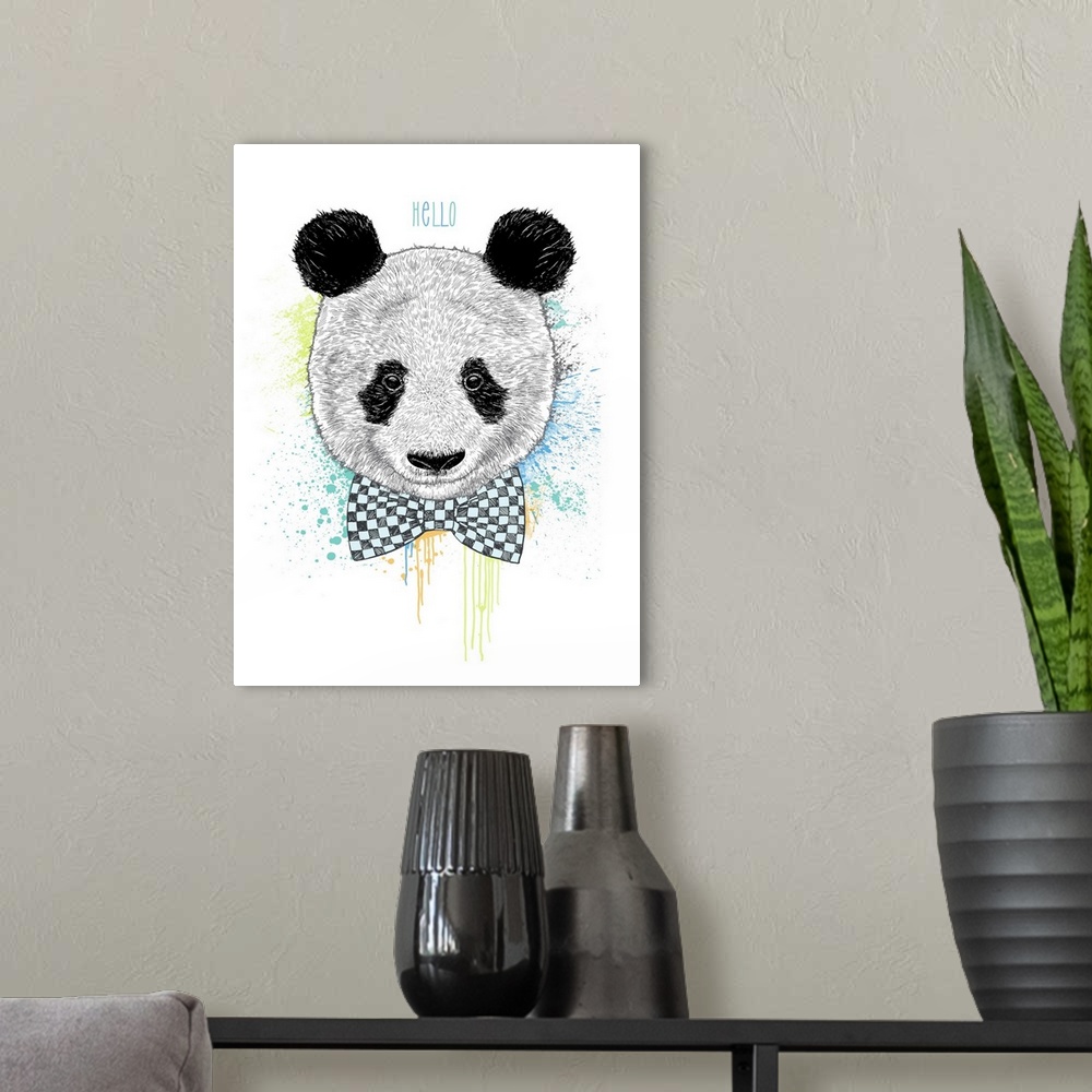 A modern room featuring A digital illustration of a panda with a bow tie against splashes of color and "Hello" above.