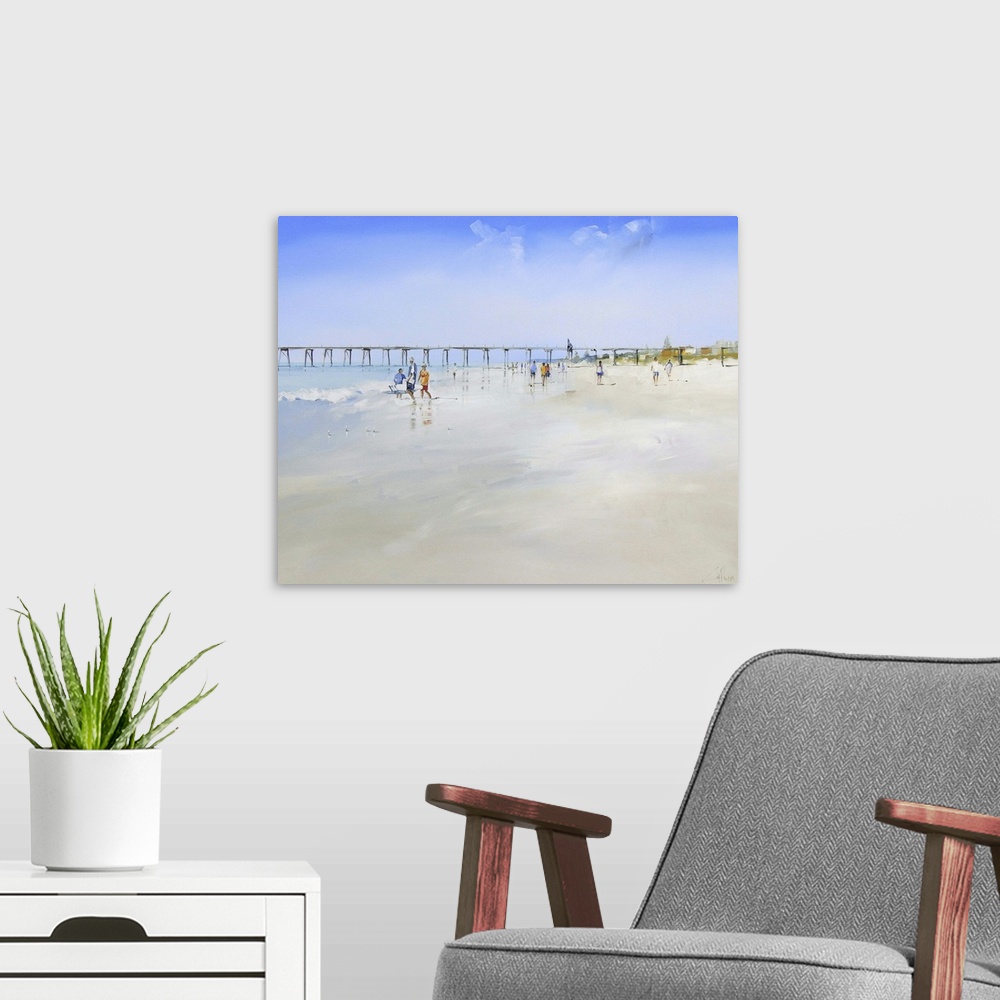 A modern room featuring Painting of people walking on a sandy beach with a pier in the distance.