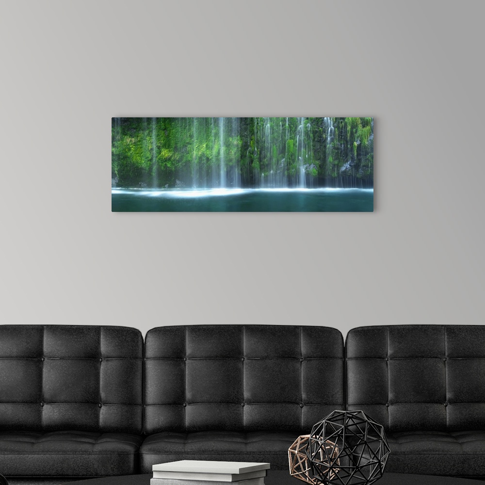 A modern room featuring Photograph of a close up on a section of a waterfall. With lush foliage behind it.