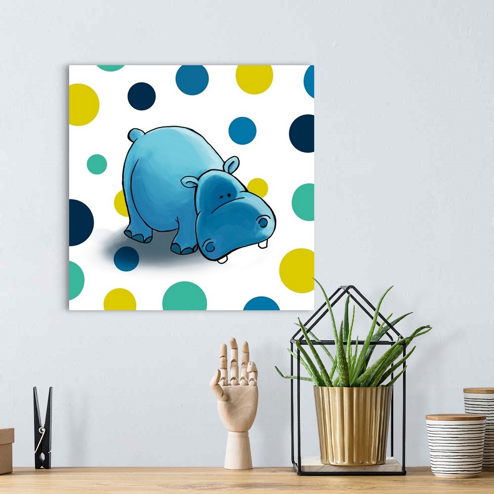 A bohemian room featuring Digital illustration of a hippo on a polka dot background.