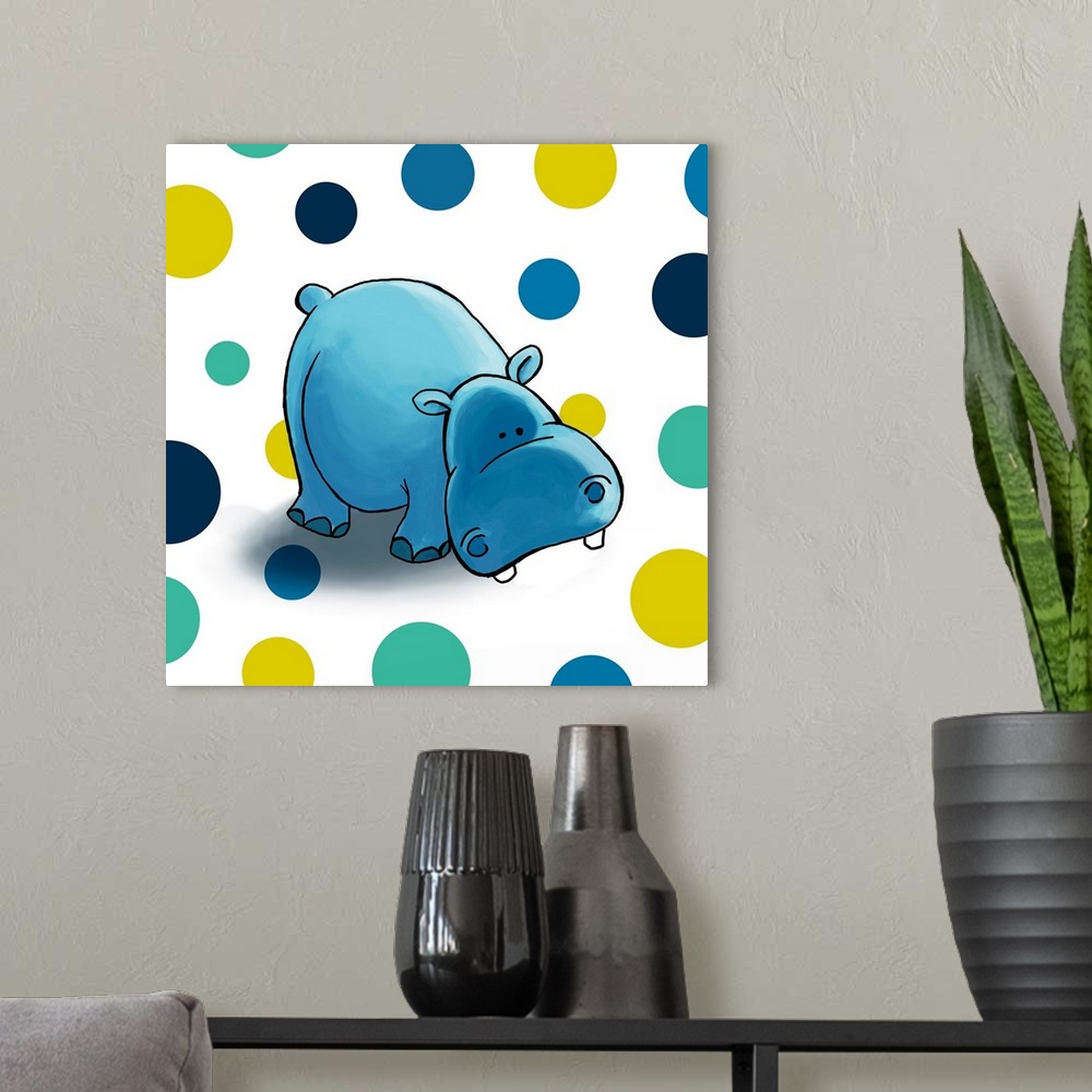 A modern room featuring Digital illustration of a hippo on a polka dot background.