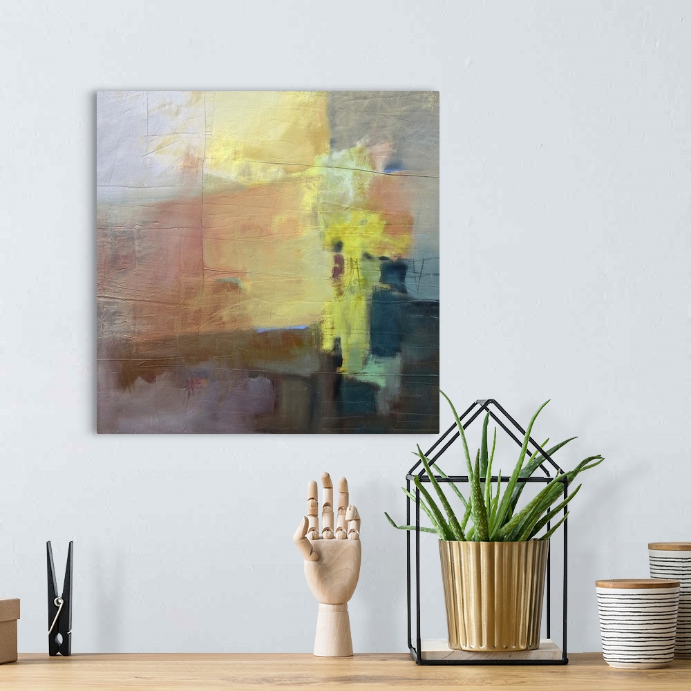 A bohemian room featuring Contemporary abstract painting using muted blue and green tones.