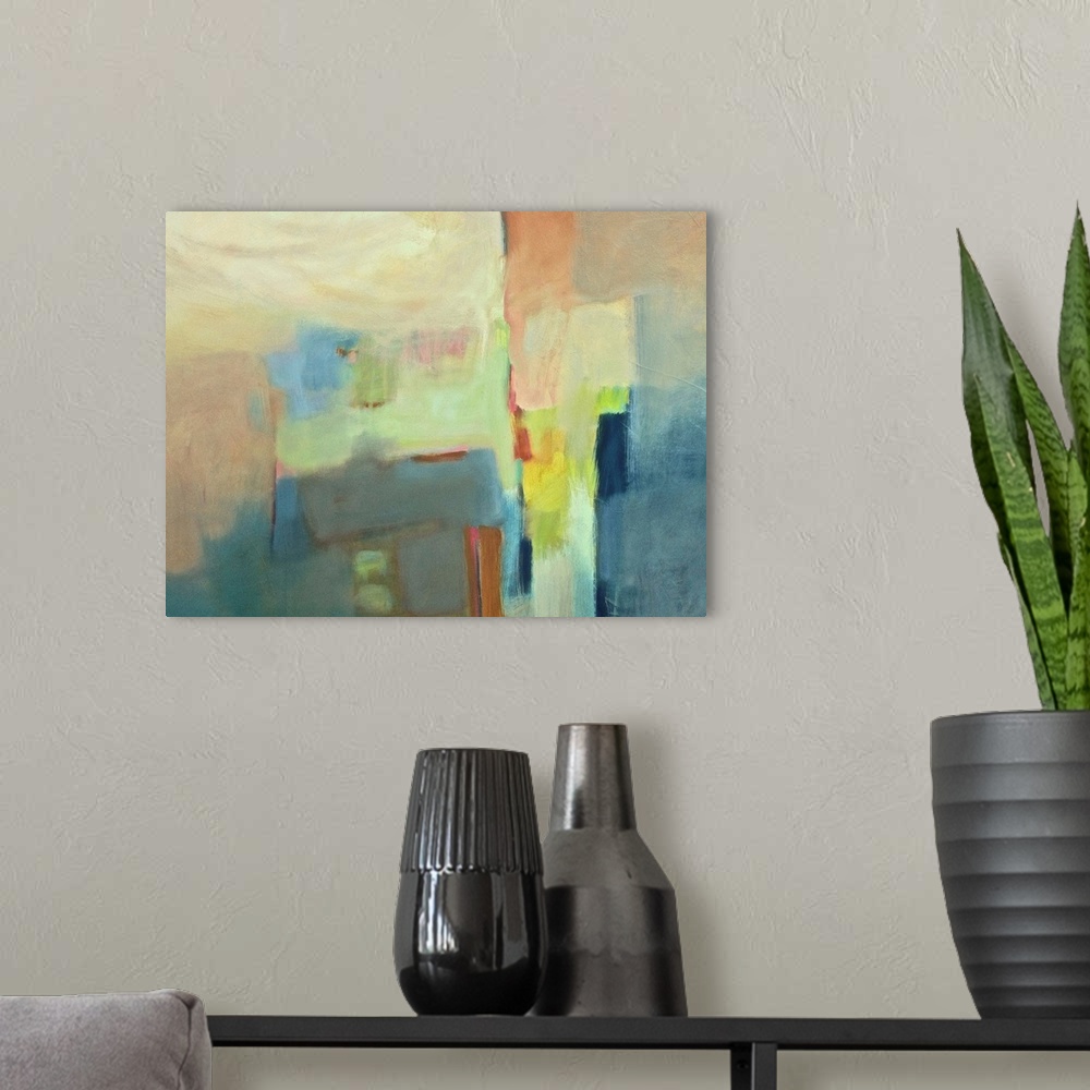 A modern room featuring Contemporary abstract painting using muted blue and green tones.