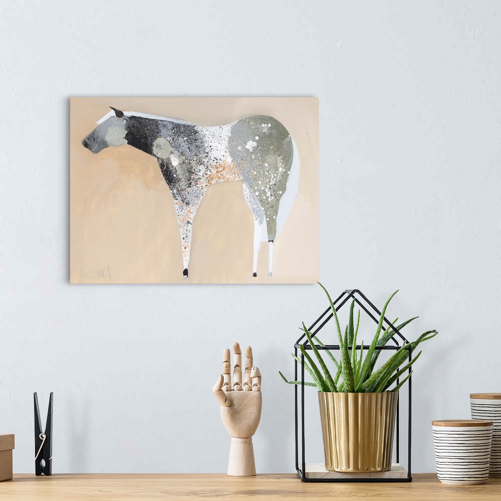 A bohemian room featuring A contemporary painting of a gray horse against a neutral background.