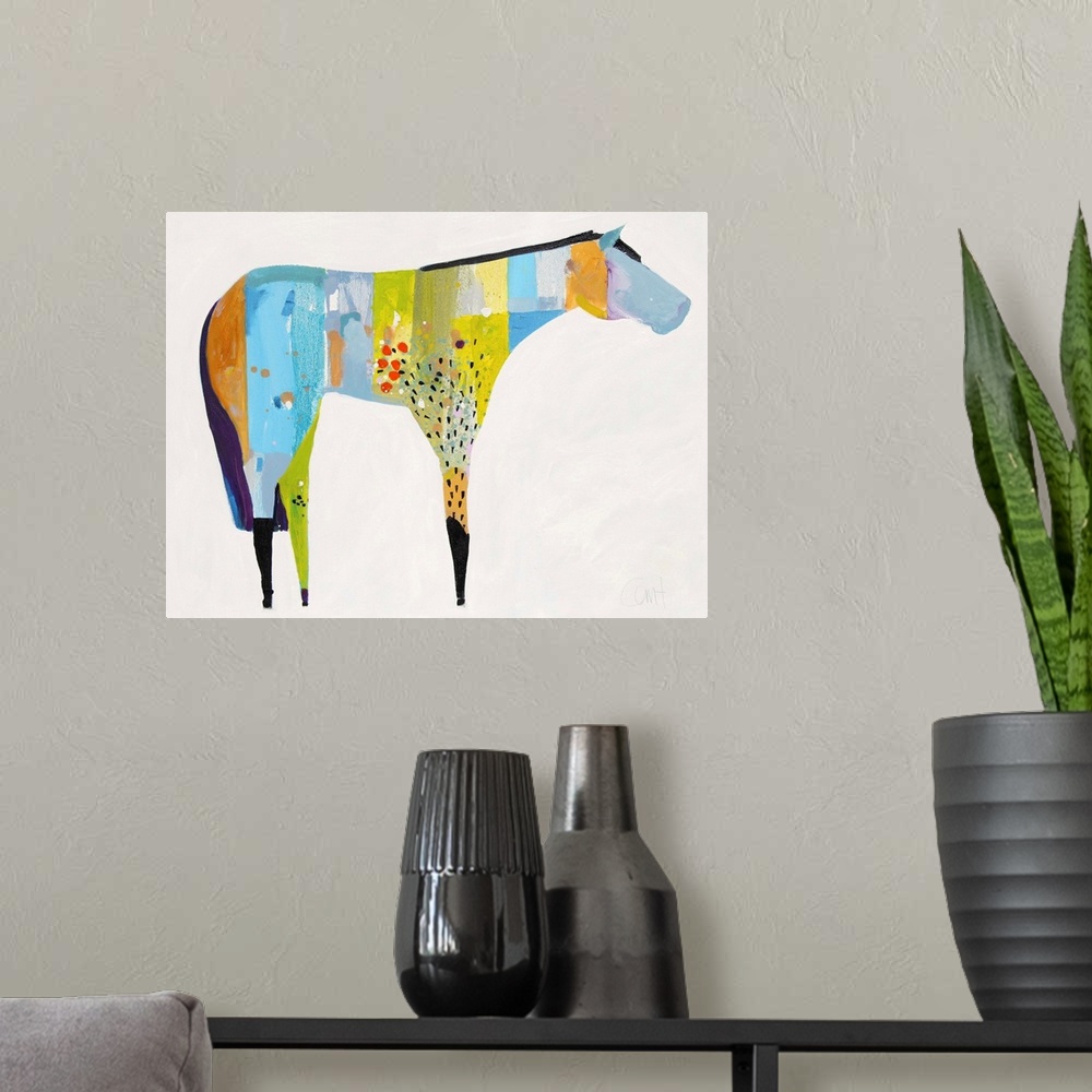A modern room featuring A contemporary painting of a multi-colored horse against a white background.