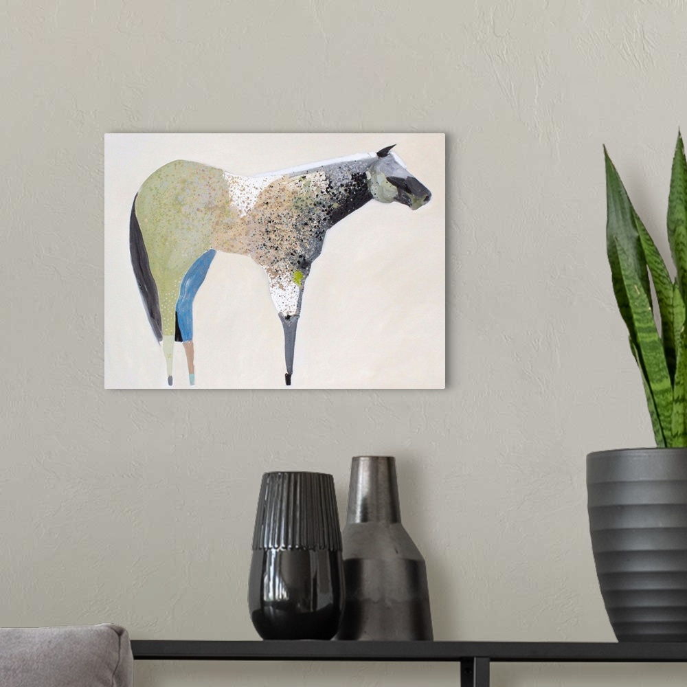 A modern room featuring A contemporary painting of a multi-colored horse against a neutral background.