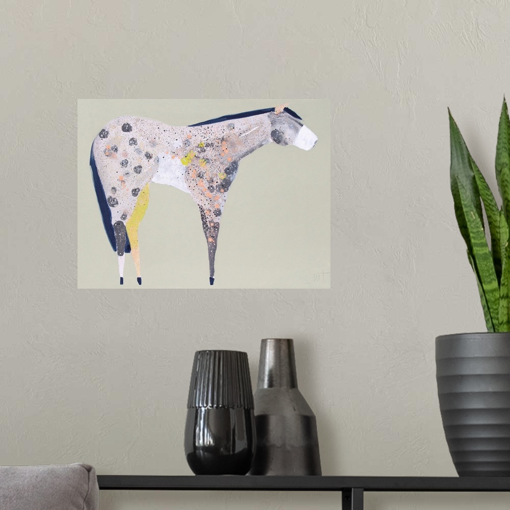 A modern room featuring A contemporary painting of a multi-colored horse against a neutral background.