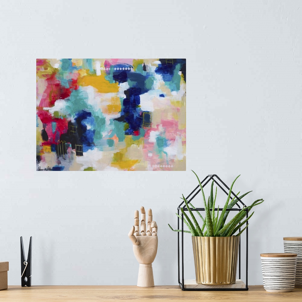A bohemian room featuring A contemporary colorful abstract painting.