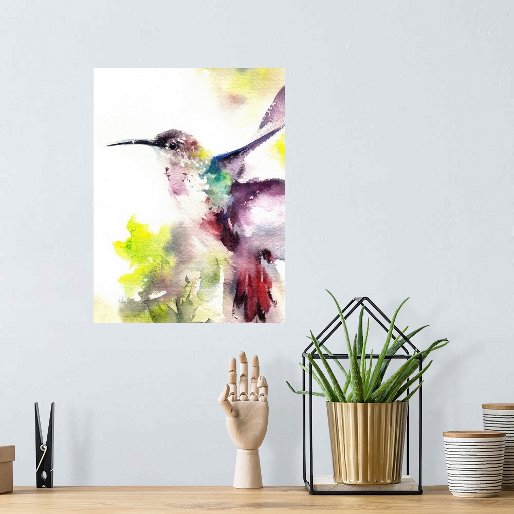 A bohemian room featuring A contemporary watercolor painting of a hummingbird hovering against a white background.
