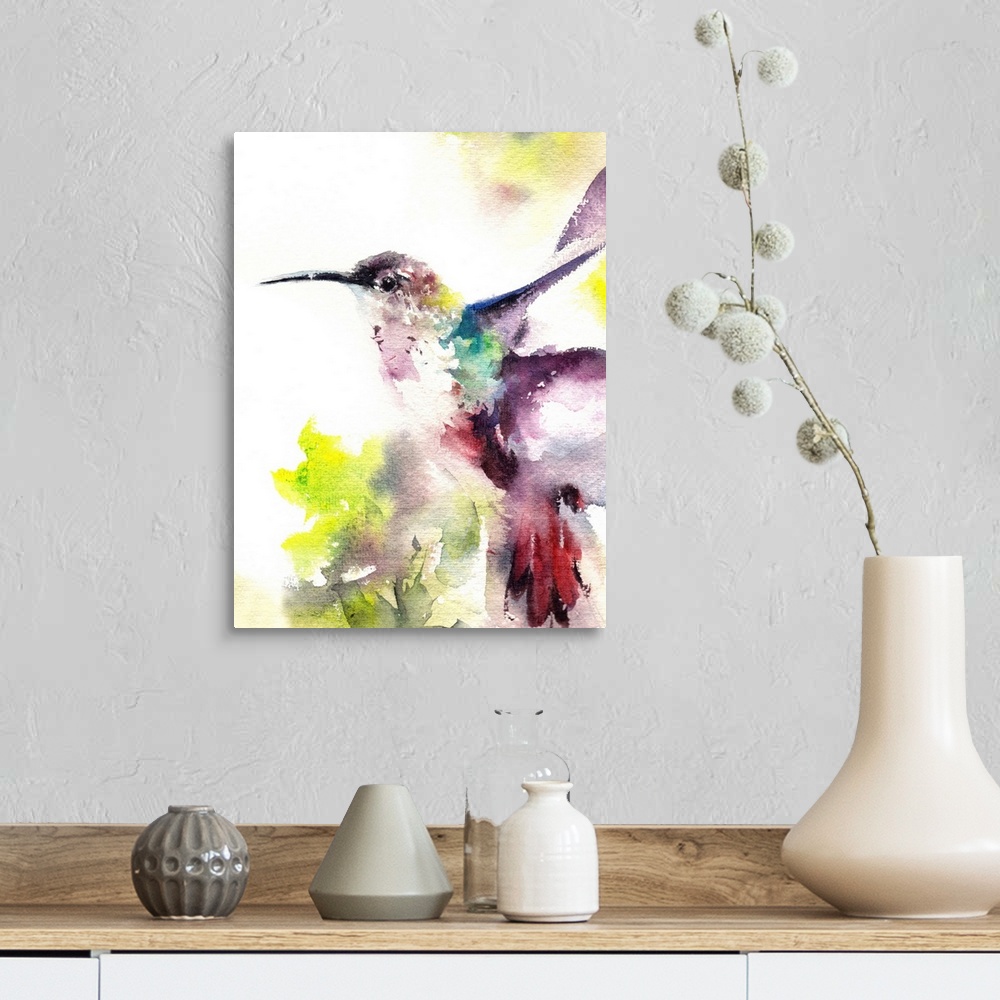 A farmhouse room featuring A contemporary watercolor painting of a hummingbird hovering against a white background.