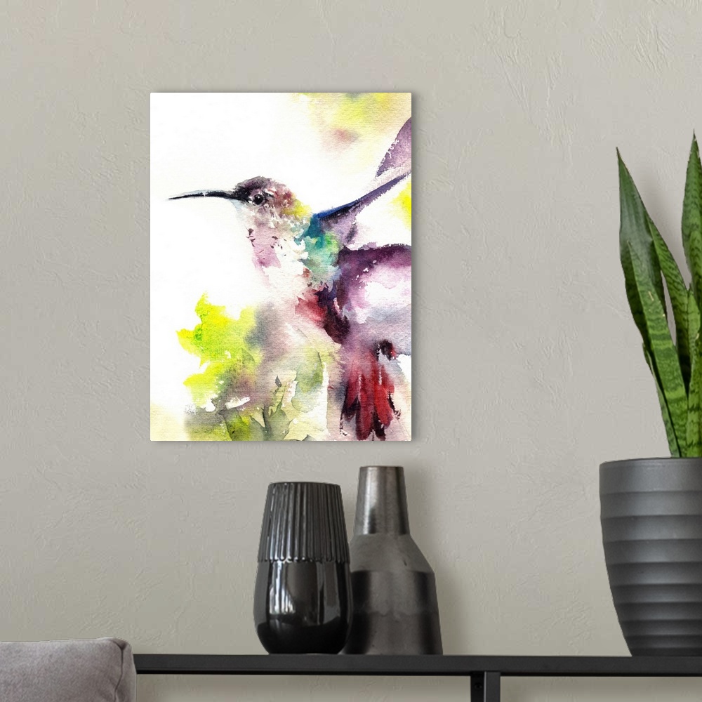 A modern room featuring A contemporary watercolor painting of a hummingbird hovering against a white background.