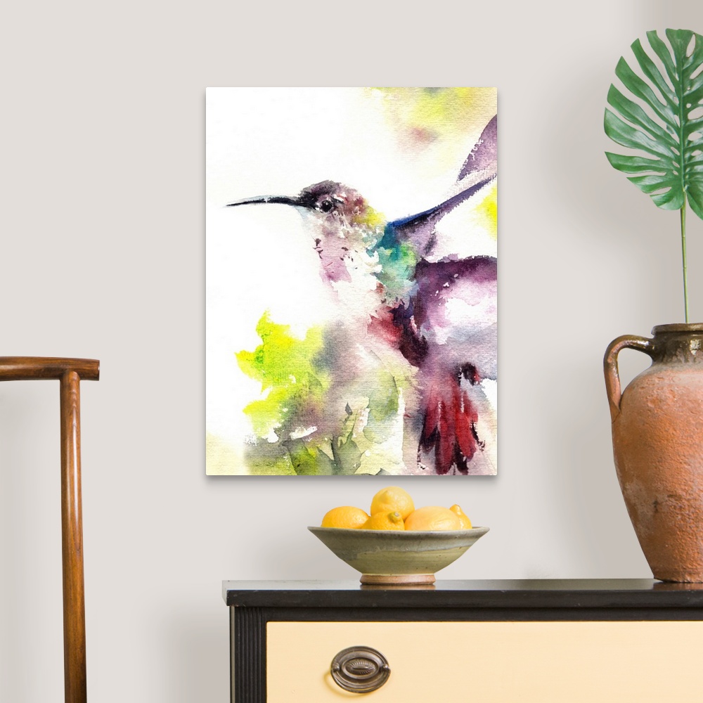 A traditional room featuring A contemporary watercolor painting of a hummingbird hovering against a white background.