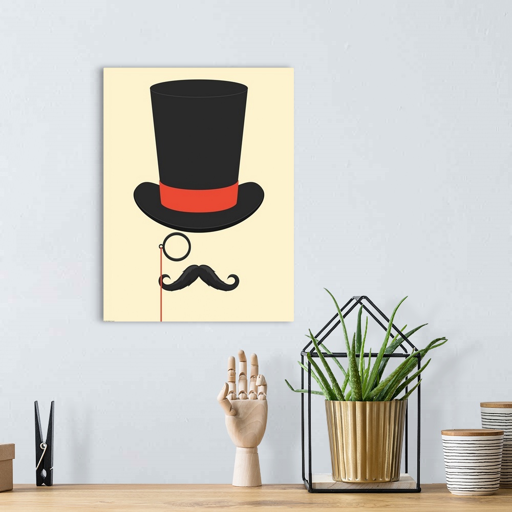 A bohemian room featuring Illustration of a mustache, top hat and monocle.