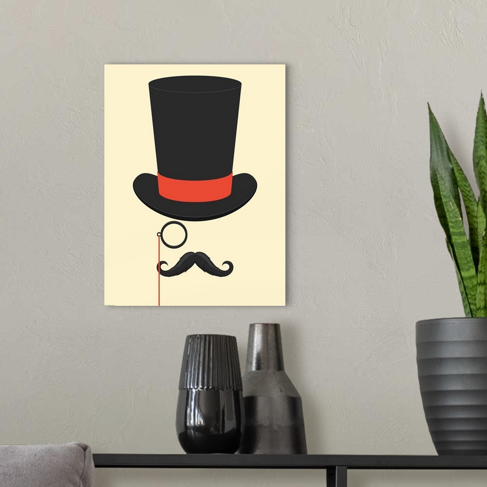 A modern room featuring Illustration of a mustache, top hat and monocle.
