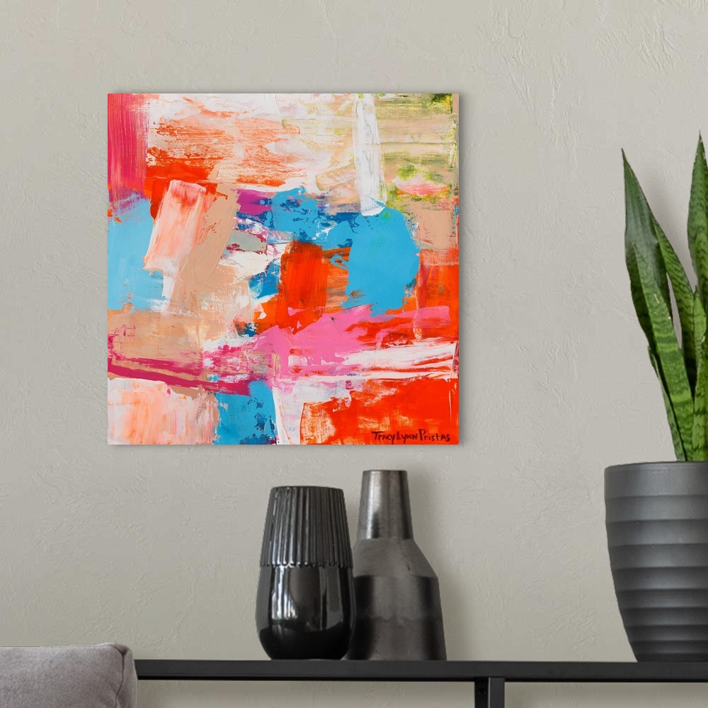 A modern room featuring A square abstract painting of textured bright colors.
