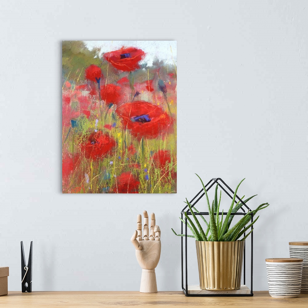 A bohemian room featuring Contemporary watercolor painting of a field of red poppies.