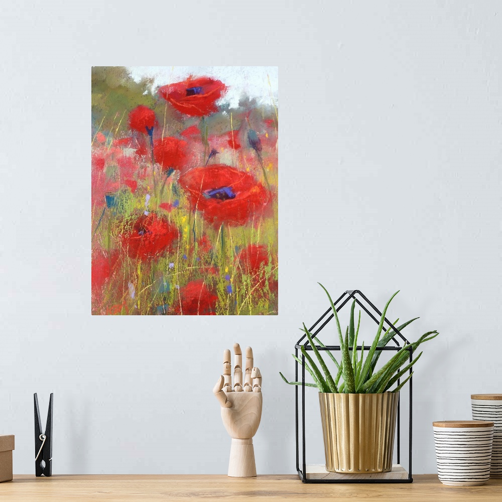 A bohemian room featuring Contemporary watercolor painting of a field of red poppies.