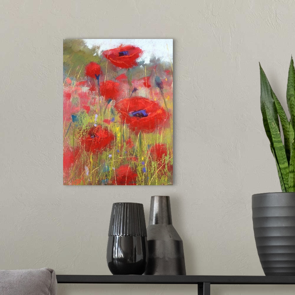 A modern room featuring Contemporary watercolor painting of a field of red poppies.