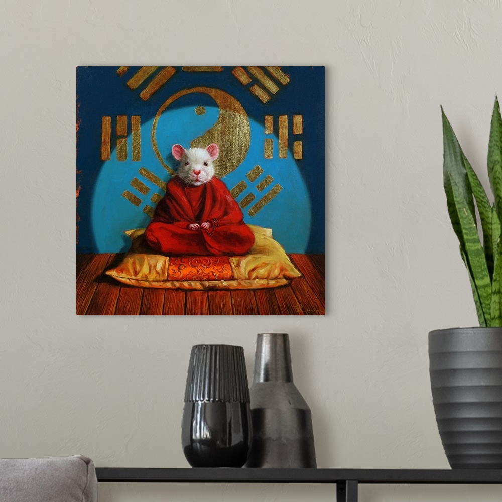 A modern room featuring A contemporary painting of a mouse meditating on a cushion.