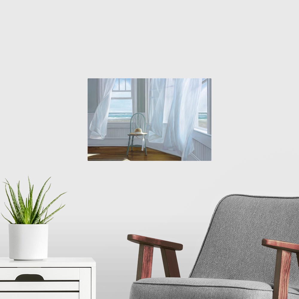 A modern room featuring Contemporary painting of a chair sitting in a sunlit room, with an open window and drapes being b...