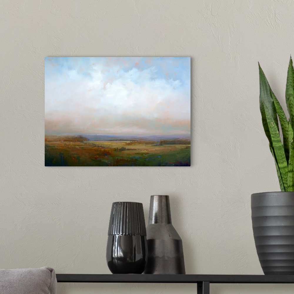 A modern room featuring Contemporary landscape painting with cloudy skies above.
