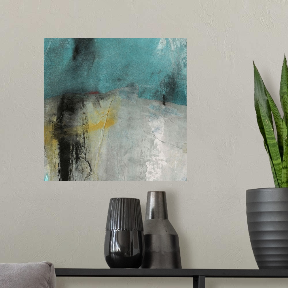 A modern room featuring A contemporary abstract painting using neutral and blue.