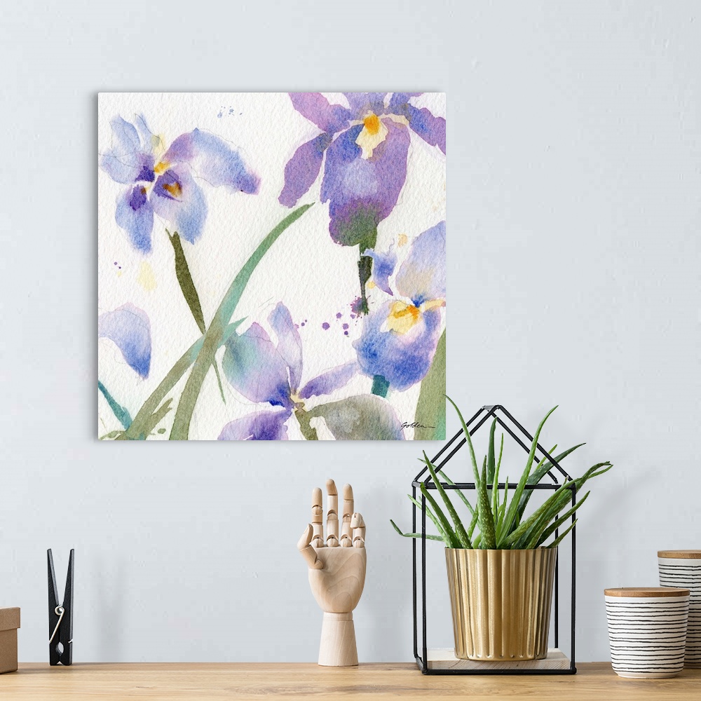 A bohemian room featuring Contemporary watercolor painting of purple irises.