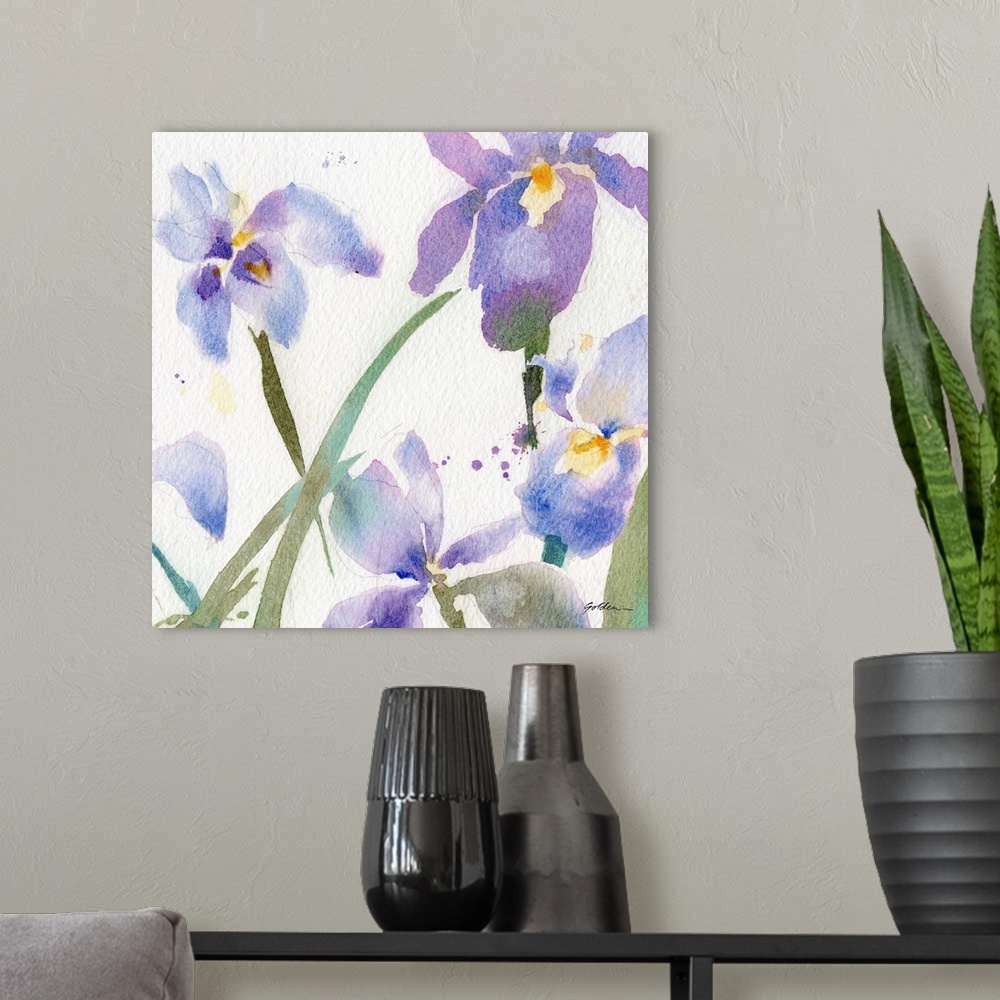 A modern room featuring Contemporary watercolor painting of purple irises.