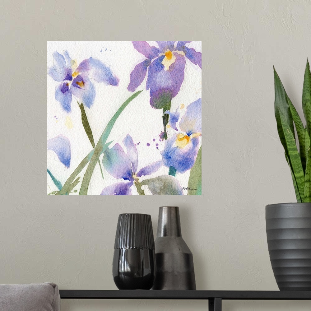 A modern room featuring Contemporary watercolor painting of purple irises.