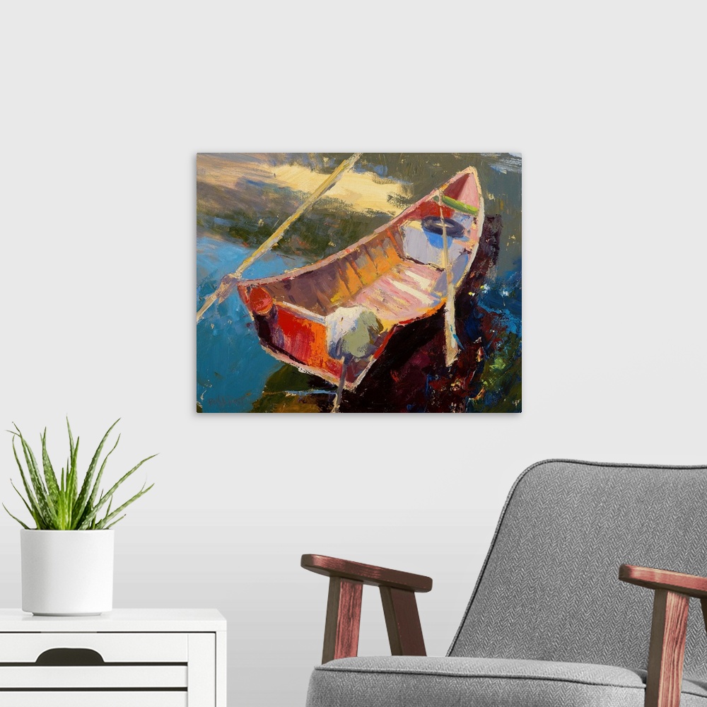 A modern room featuring A contemporary coastal themed painting of a row boat sitting in still water.
