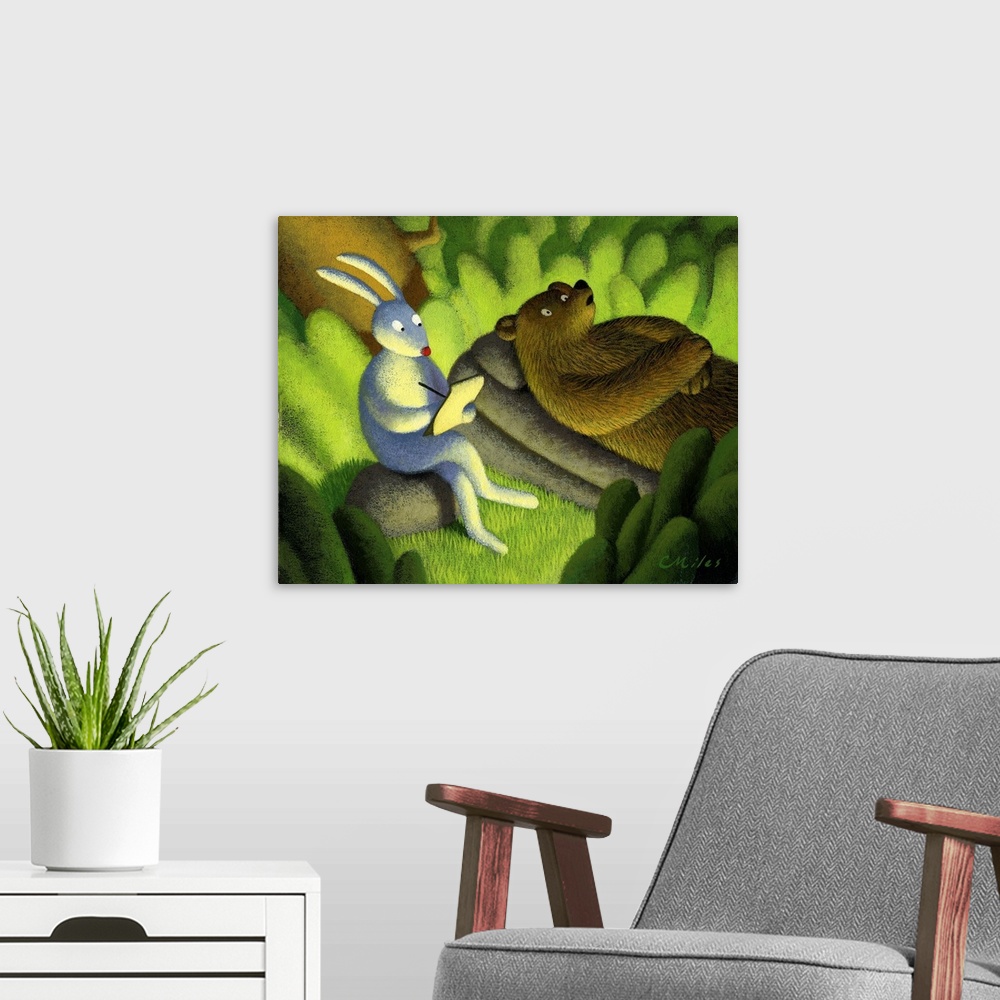 A modern room featuring Humorous painting of a rabbit providing therapy to a bear.