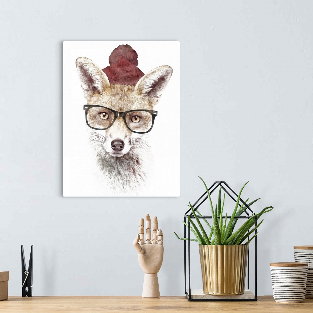 A bohemian room featuring Contemporary artwork of a fox wearing dark rim glasses and a red winter hat.