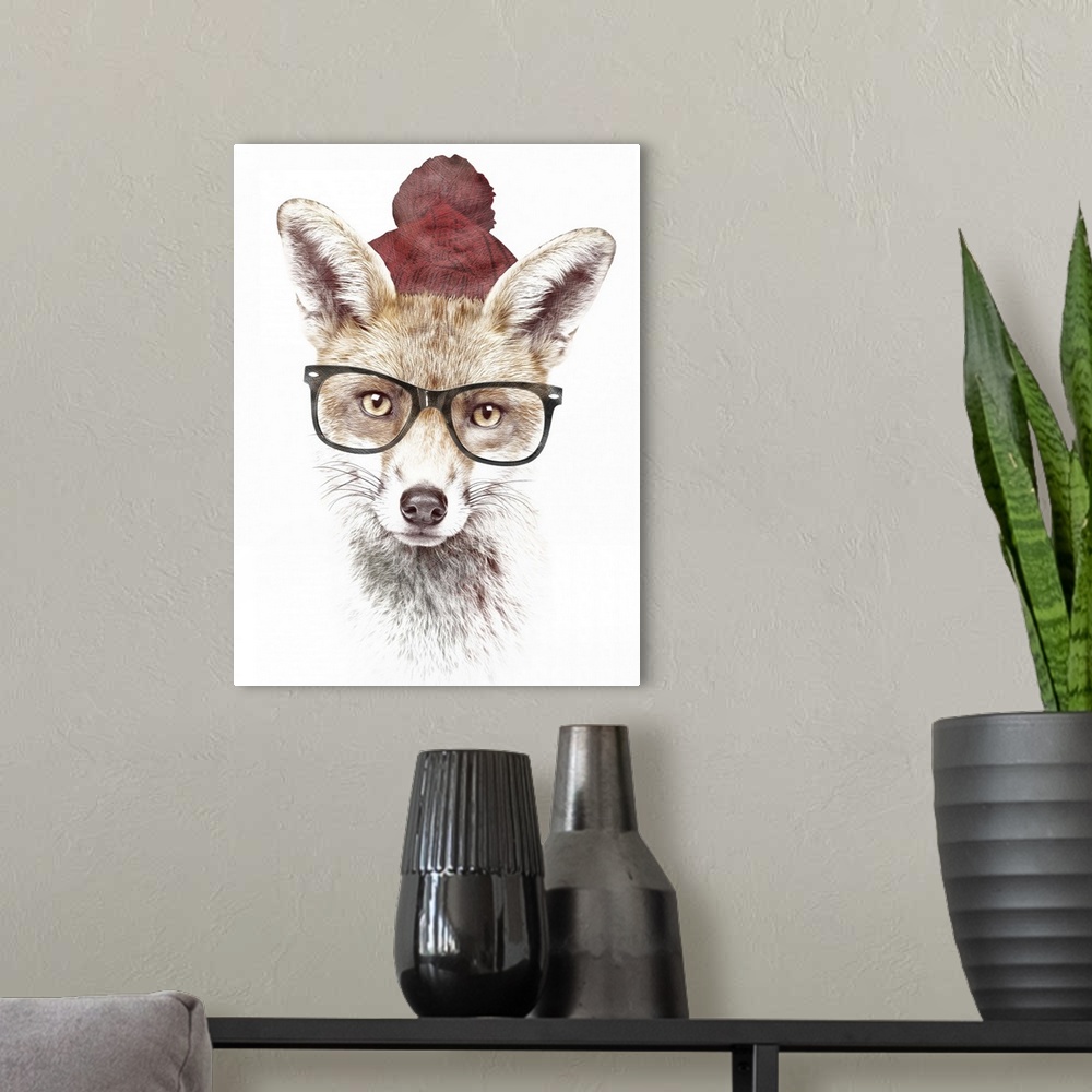 A modern room featuring Contemporary artwork of a fox wearing dark rim glasses and a red winter hat.