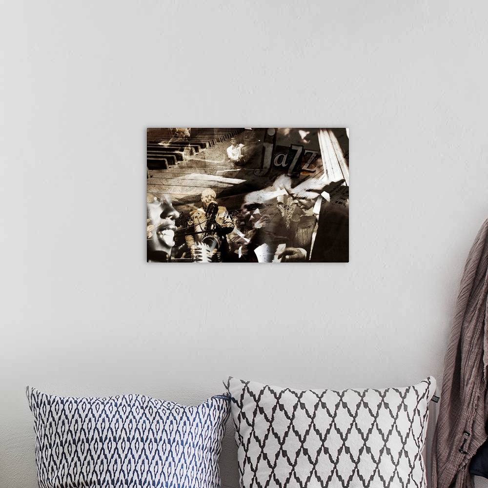 A bohemian room featuring A horizontal collage of jazz musicians.