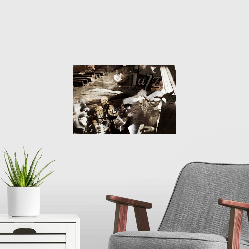 A modern room featuring A horizontal collage of jazz musicians.