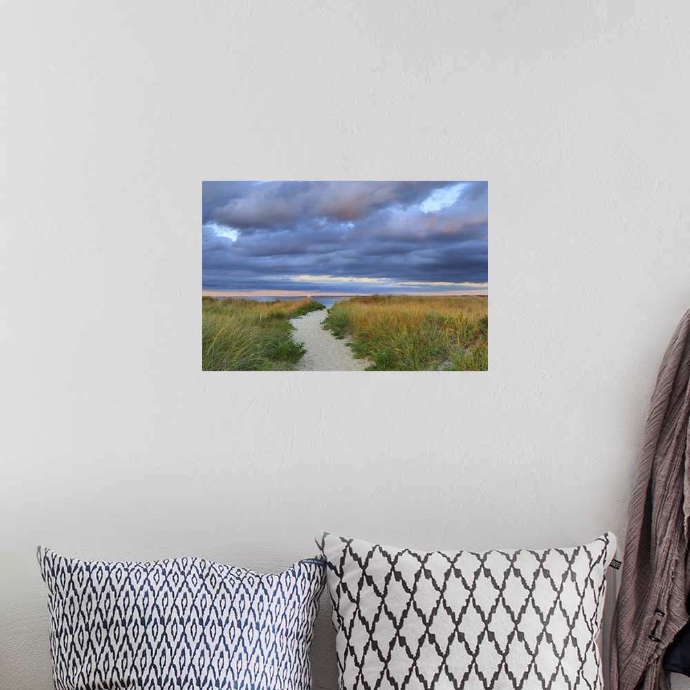 A bohemian room featuring A photograph of a sandy pathway leading to an idyllic beach, with dark puffy clouds overhead.