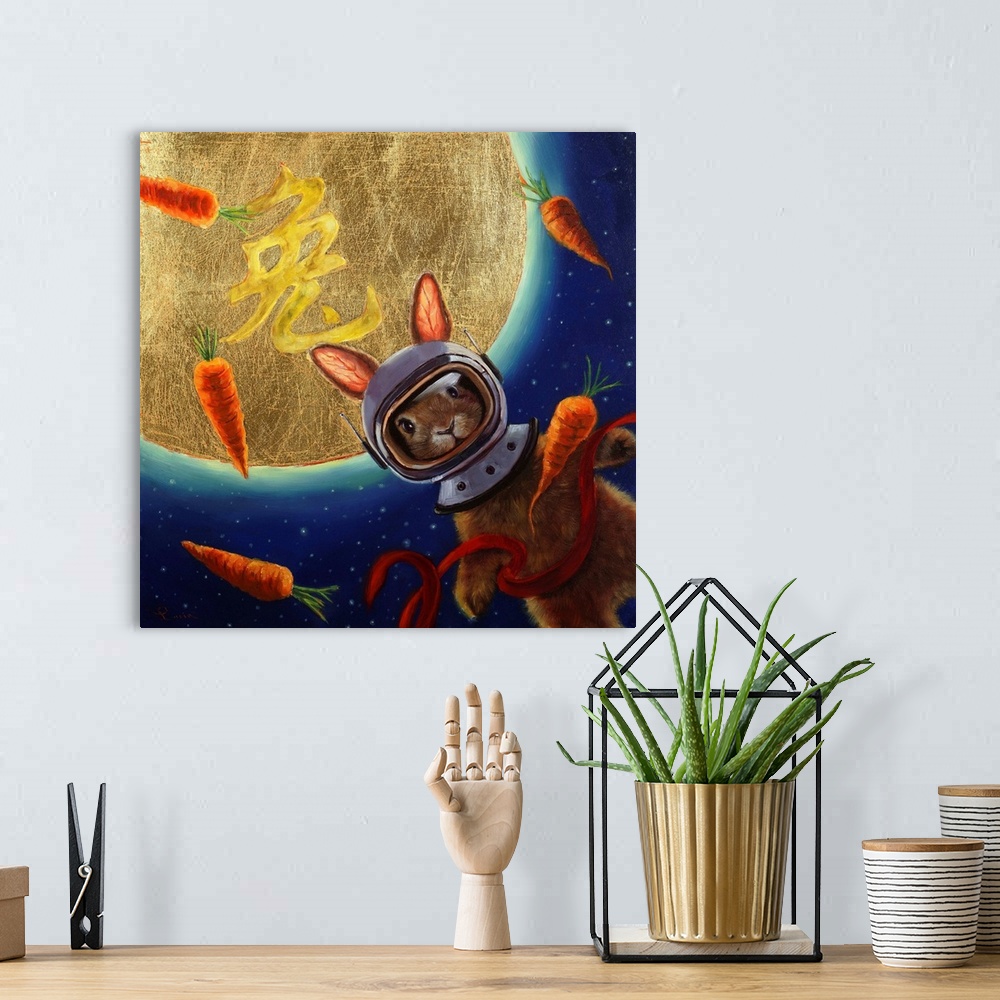 A bohemian room featuring A painting of a rabbit with an astronaut helmet floating in space with carrots.