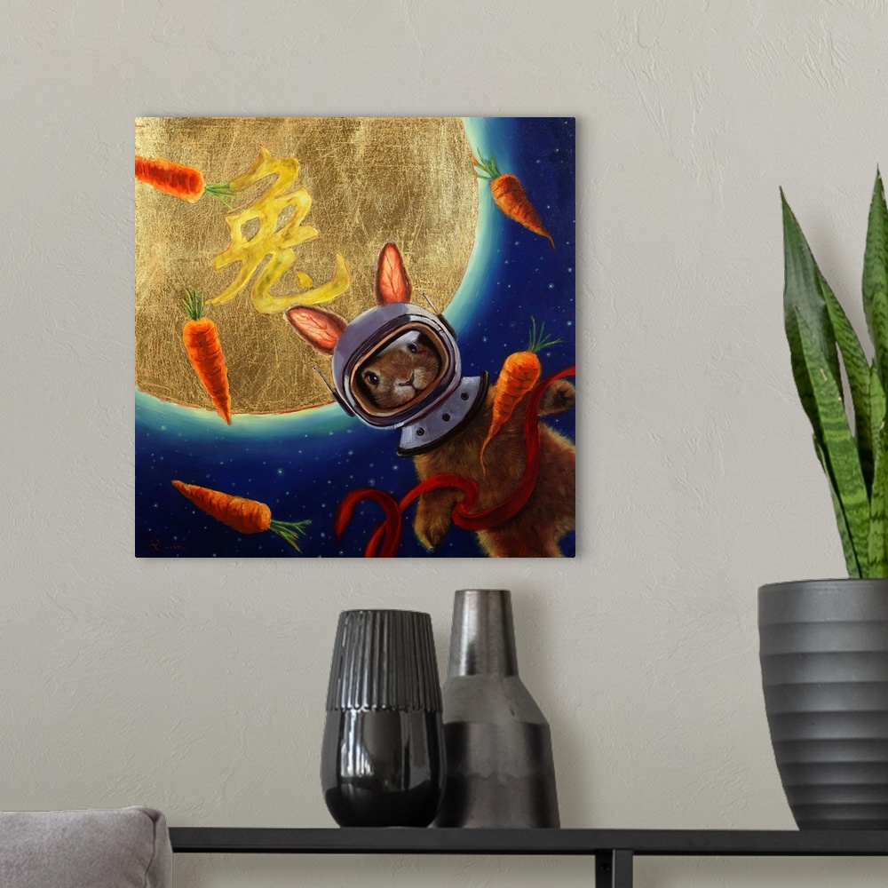 A modern room featuring A painting of a rabbit with an astronaut helmet floating in space with carrots.