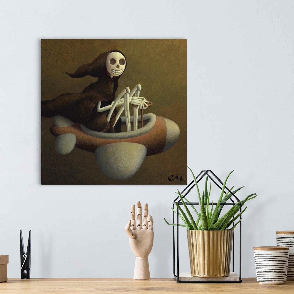 A bohemian room featuring Humorous painting of a skeleton taking a joy ride on an airplane.