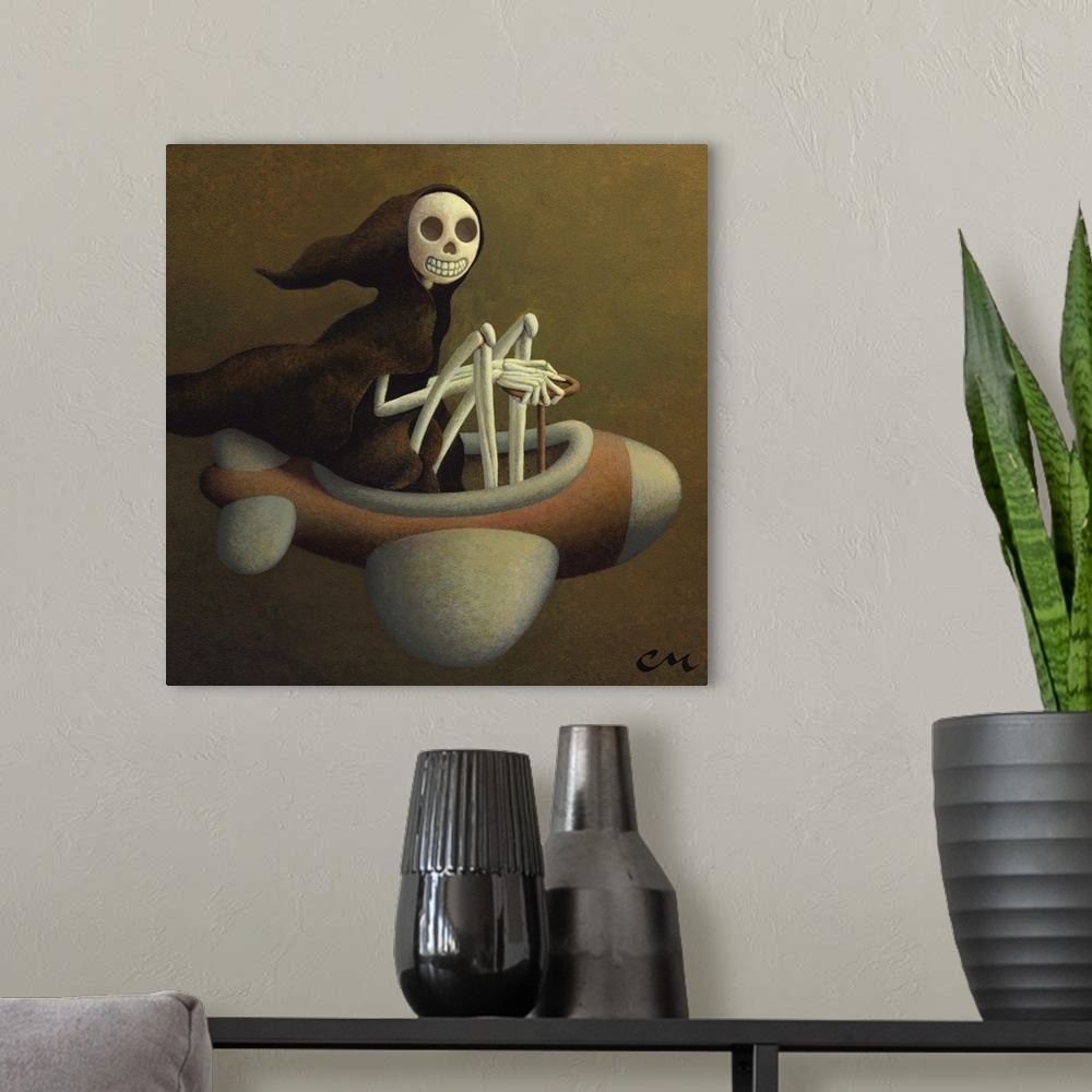 A modern room featuring Humorous painting of a skeleton taking a joy ride on an airplane.