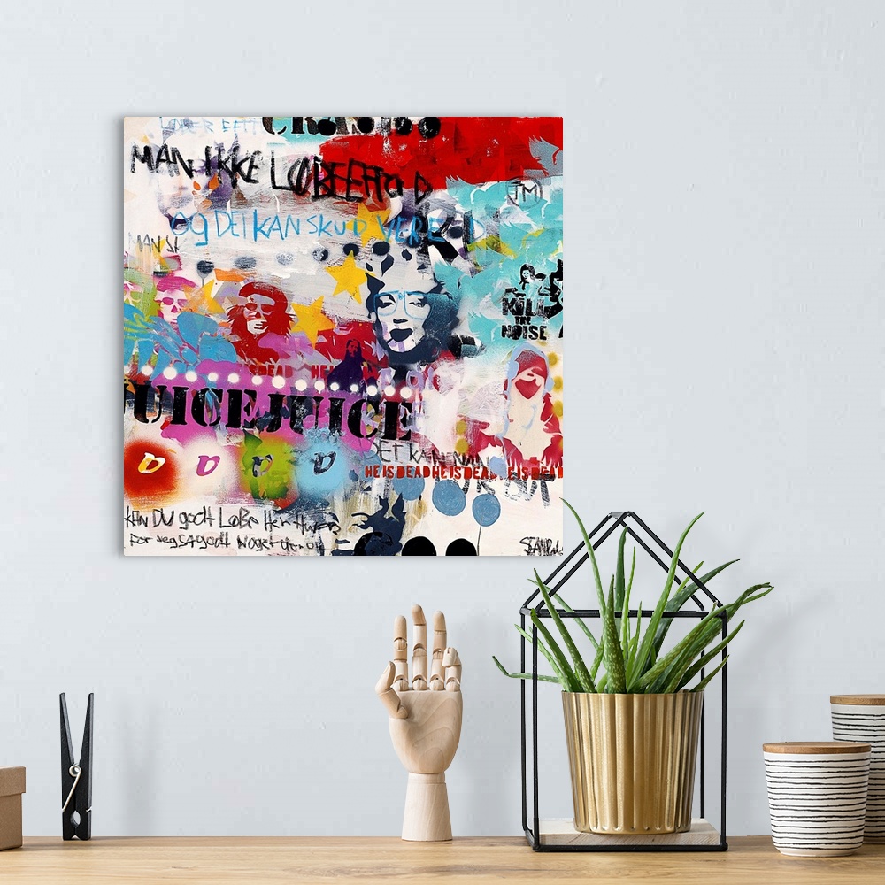 A bohemian room featuring Square contemporary collage with text and figures.
