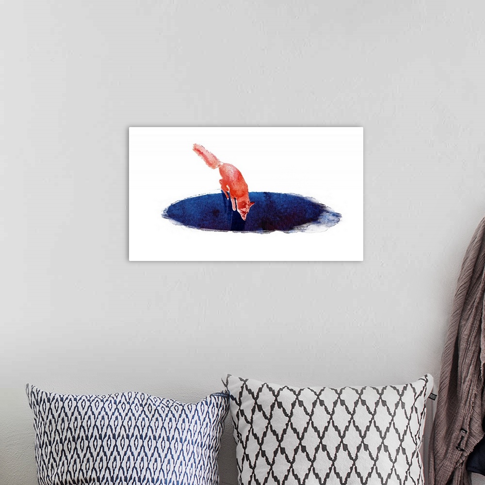 A bohemian room featuring Contemporary artwork featuring a red fox leaping into a blue hole.
