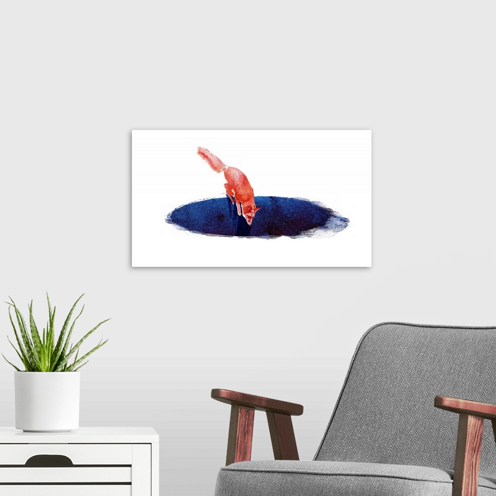 A modern room featuring Contemporary artwork featuring a red fox leaping into a blue hole.