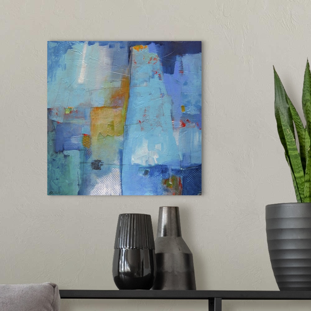 A modern room featuring Contemporary abstract painting using dominant cool tones mixed with warm earthy tones.