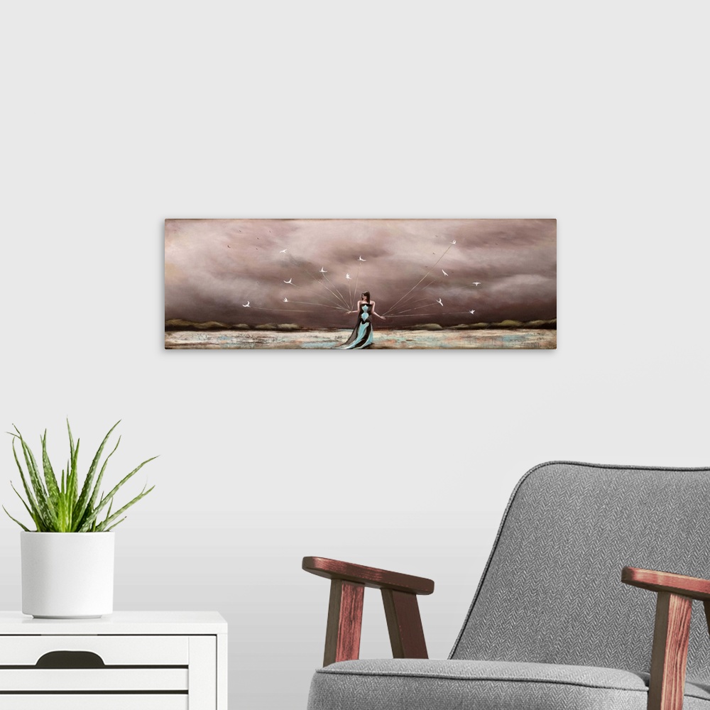 A modern room featuring Contemporary surrealist painting of a woman wearing a green dress a under a blanket of dark red c...