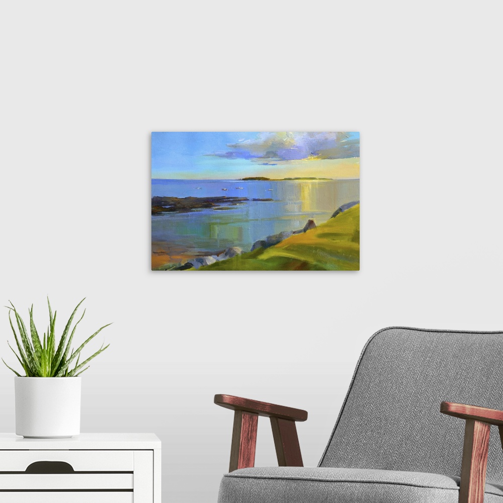 A modern room featuring Contemporary landscape painting of a seascape at sunset.